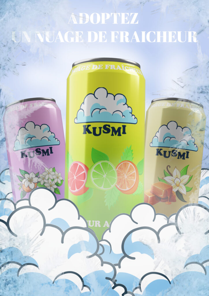 Projet Kusmi, affiche présentant 3 canettes.